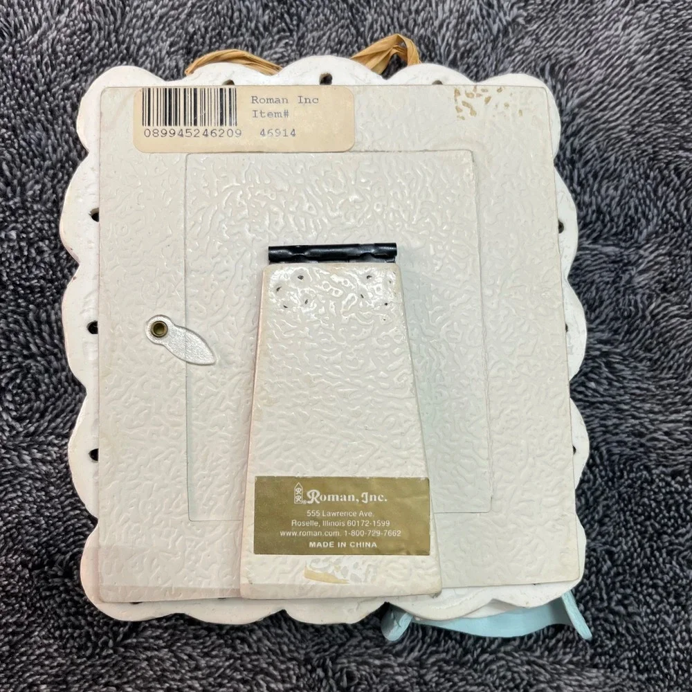 Vintage Mother Angel Picture Frame Blue Yellow Gingham Scalloped Cottagecore